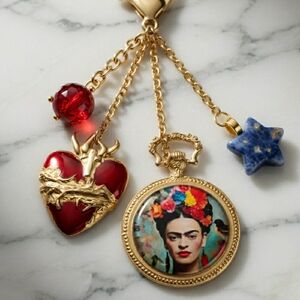 Frida Kahlo Portrait Gold Purse Handbag Charm Keychain Keyring Art